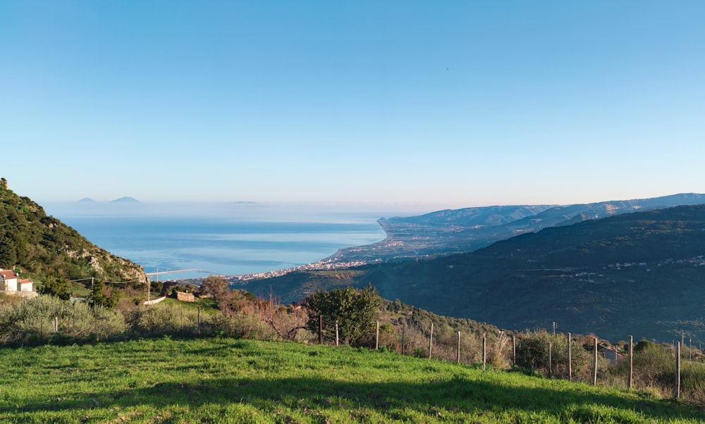 a lush green hillside next to a large body of water