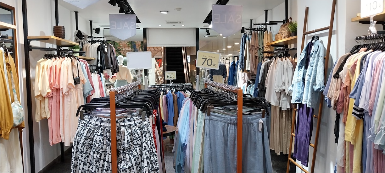 A clothing store with racks of various garments, including shirts, blouses, and pants on both sides of a central aisle. Sale signs are visible, with light tones of pastel colors and some printed patterns on the clothing.