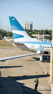 A large airplane sits on the tarmac near a terminal. The tail of the plane is visible, featuring a blue and white design. A worker in a high-visibility vest is seen standing near the aircraft, appearing to inspect or manage operations. Several orange safety cones are placed around the area, and a small cart is positioned next to the plane. In the background, there are some buildings and a line of trees, with a clear blue sky above.