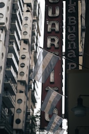 A collection of Argentine flags hanging on a street with tall buildings in the background. The scene includes a vertical red sign with white letters in a vintage font. The lighting suggests an overcast day, creating a subdued atmosphere.