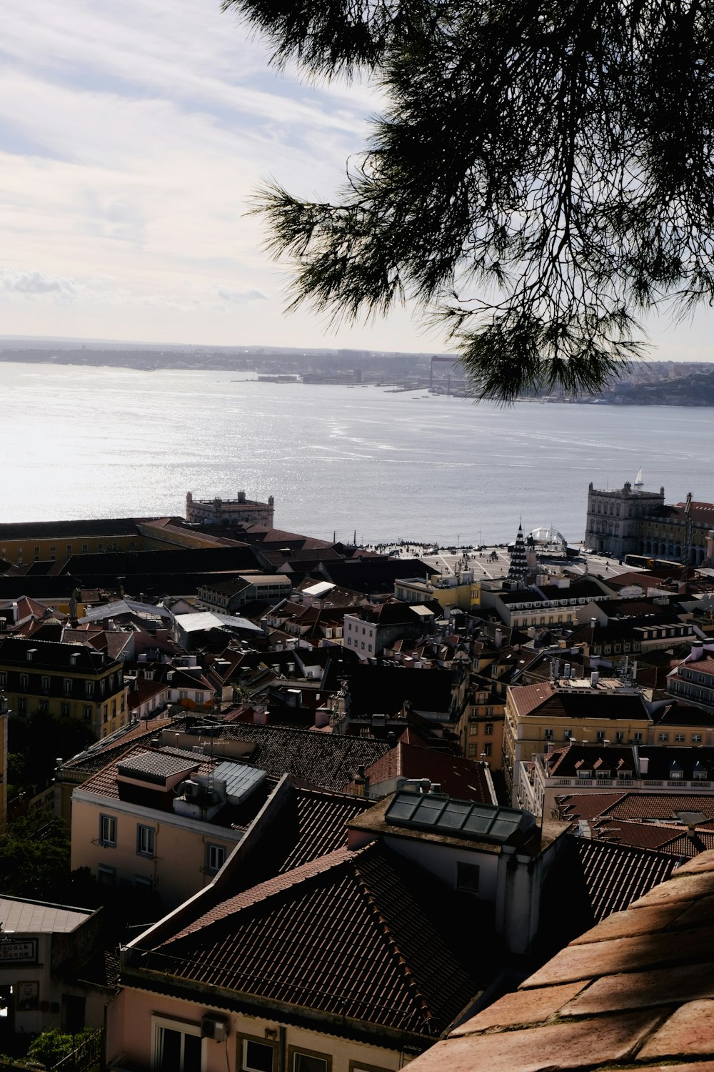 a view of a city with a body of water in the background