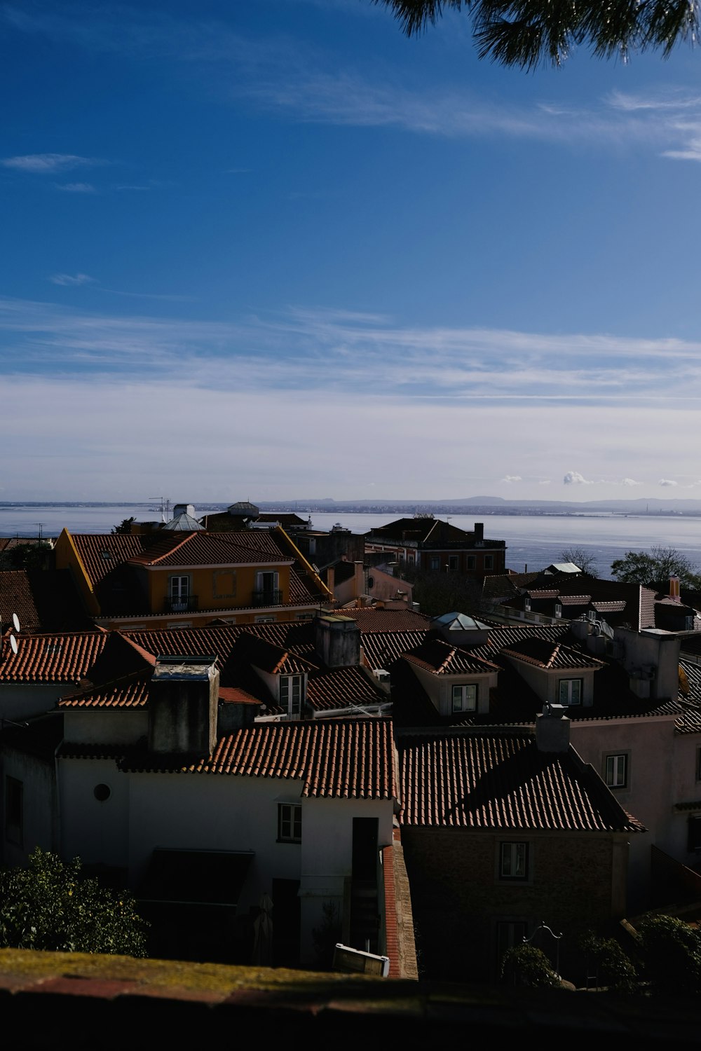 a view of a city with a body of water in the distance