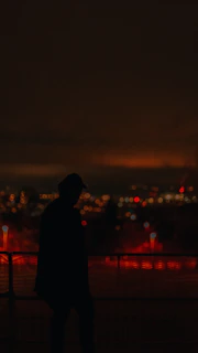 A silhouette of a woman walking beneath a velvet burgundy sky, the city lights glowing faintly.