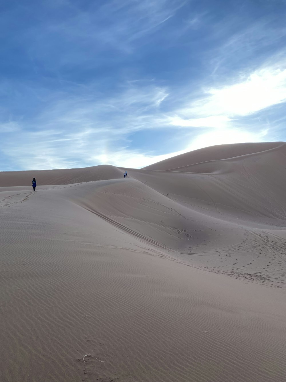 a person walking across a sandy field under a blue sky