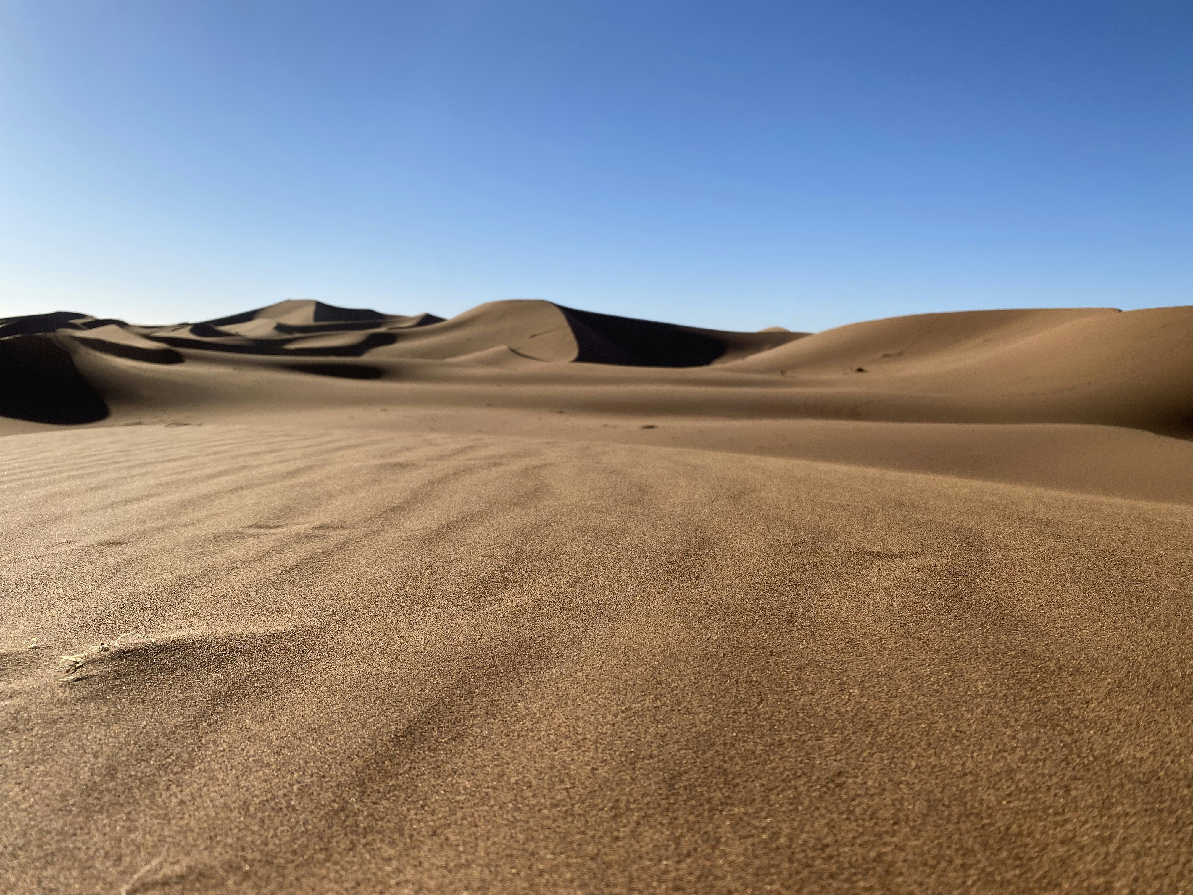 A sandy area with a blue sky in the background