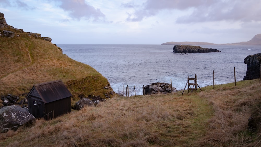 a grassy hill next to a body of water