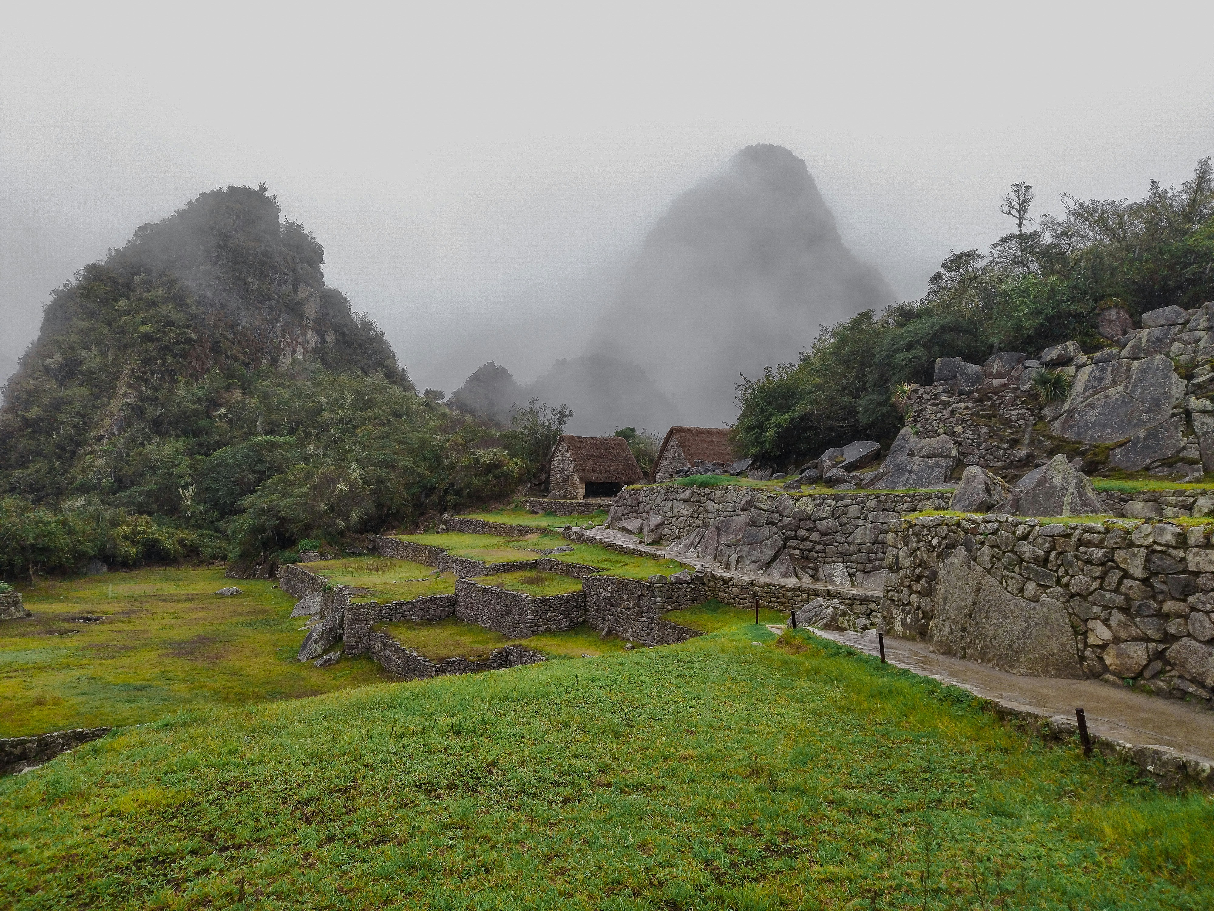 a grassy field with a stone wall and a mountain in the background