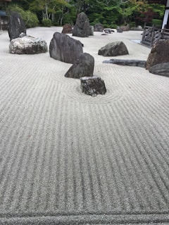 A traditional Japanese Zen garden featuring meticulously raked gravel patterns surrounding various large rocks. The patterns create a sense of movement and calmness, with the rocks strategically placed to evoke natural landscapes. In the background, lush green foliage adds contrast to the orderly design of the garden.