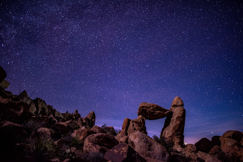 Le ciel nocturne est rempli d’étoiles et de rochers