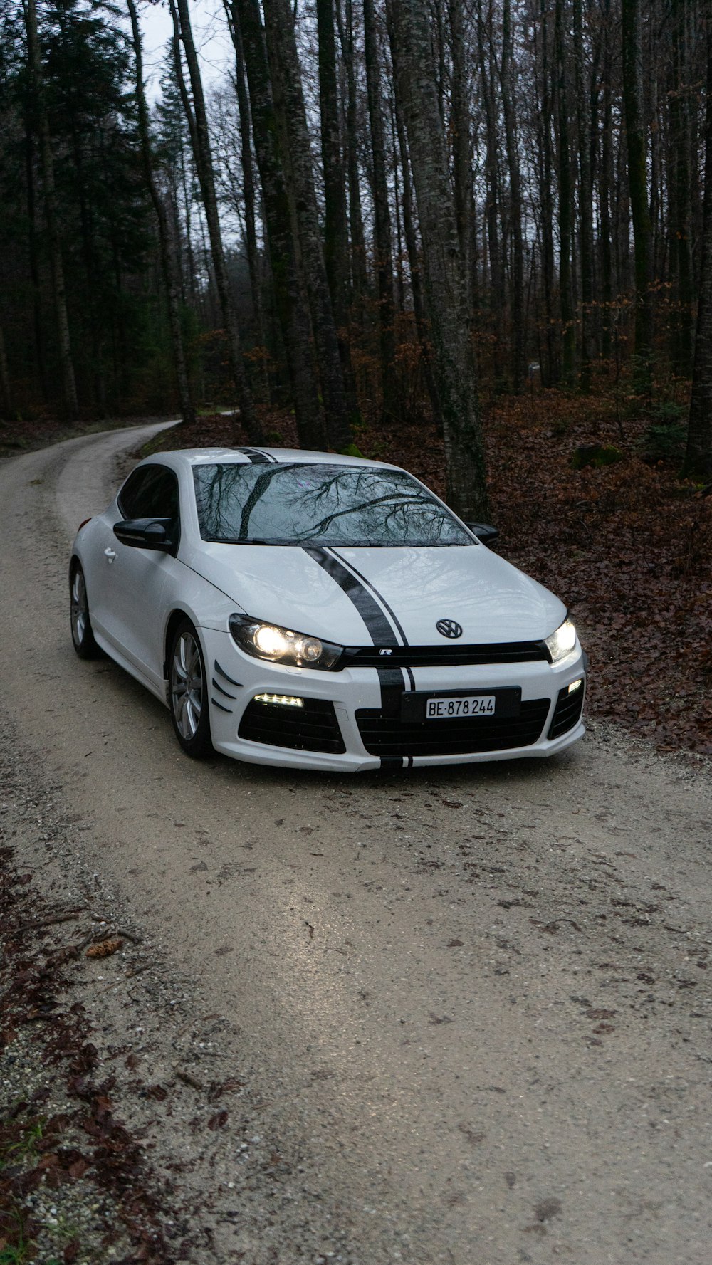 a white car driving down a road in the woods