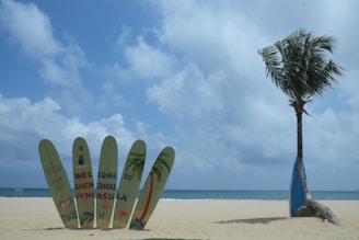 Multiple surfboards with colorful designs are planted upright in the sand, forming a decorative welcome sign on a pristine beach. A solitary palm tree stands next to the surfboards against a backdrop of calm blue sea and a partly cloudy sky.