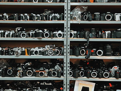 Shelves filled with vintage and modern cameras available for lending.