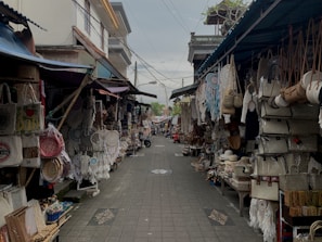Cozy street market in a Mexican town showcasing colorful artisan crafts.