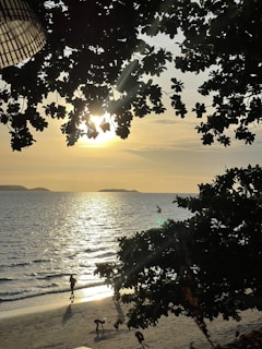 Sunset view over the beach with athletes cooling down after races.