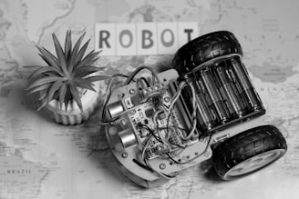 A small wheeled robot lies on a map, displaying its circuitry and battery pack. Next to the robot, there is a small potted plant with spiky leaves. The background features a partially visible word 'ROBOT' spelled out in block letters.