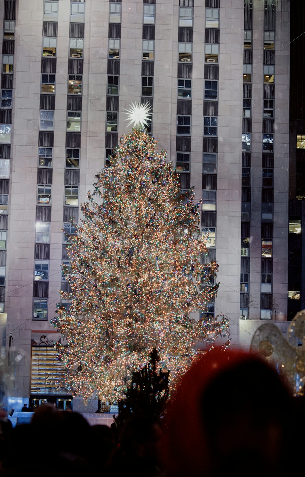 a large christmas tree in front of a tall building