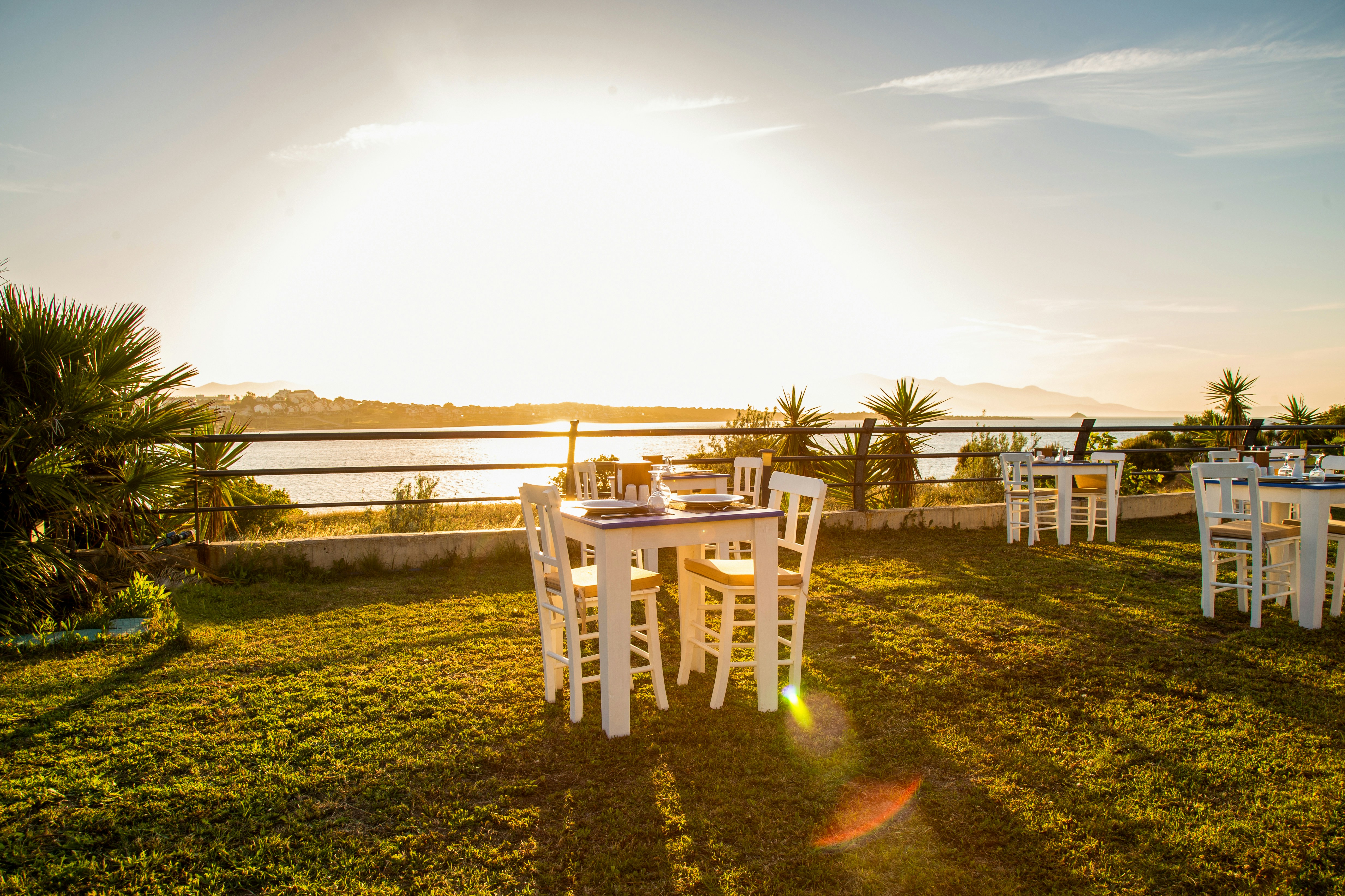 a group of white chairs sitting on top of a lush green field