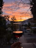 Smiling woman savoring a glass of red wine against a scenic mountain backdrop.