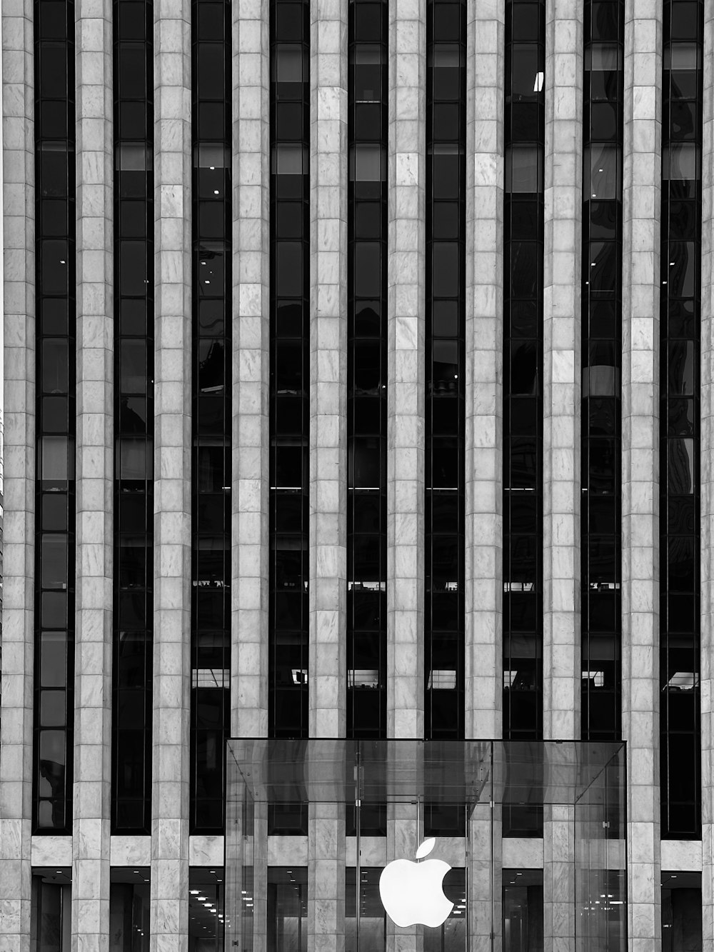 a black and white photo of an apple store