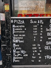 A menu displayed on a blackboard lists various pizza options with their respective prices for slices and pies. The menu includes options such as Margherita, Burrata, Pepperoni, Spicy Salami, Vegetarian, New York, White, Truffle, Makes Hot, Fig Jam & Bacon, Anchovies, and Parma. Above the menu, a handwritten sign on the glass reads 'This is the Menu,' with a partially visible word 'PIZZERIA' in the background.
