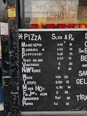 A colorful display of pizza deals and combo meal options on a menu board.