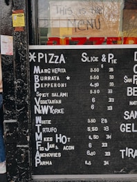 A menu displayed on a blackboard lists various pizza options with their respective prices for slices and pies. The menu includes options such as Margherita, Burrata, Pepperoni, Spicy Salami, Vegetarian, New York, White, Truffle, Makes Hot, Fig Jam & Bacon, Anchovies, and Parma. Above the menu, a handwritten sign on the glass reads 'This is the Menu,' with a partially visible word 'PIZZERIA' in the background.