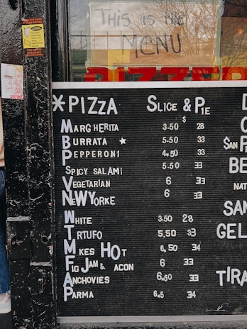 A menu displayed on a blackboard lists various pizza options with their respective prices for slices and pies. The menu includes options such as Margherita, Burrata, Pepperoni, Spicy Salami, Vegetarian, New York, White, Truffle, Makes Hot, Fig Jam & Bacon, Anchovies, and Parma. Above the menu, a handwritten sign on the glass reads 'This is the Menu,' with a partially visible word 'PIZZERIA' in the background.