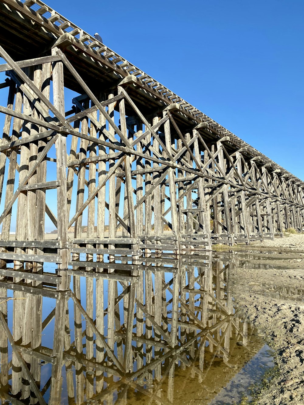 a wooden bridge is reflected in the water