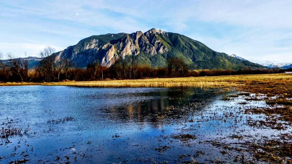 a lake with a mountain in the background