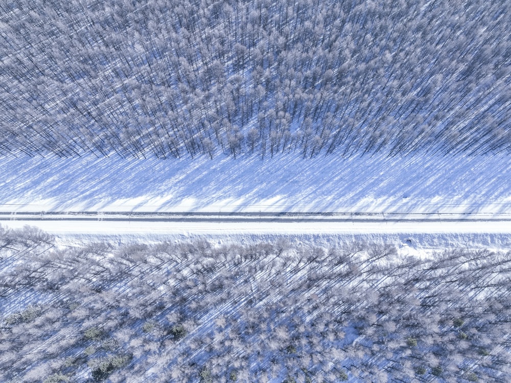 an aerial view of a snow covered field