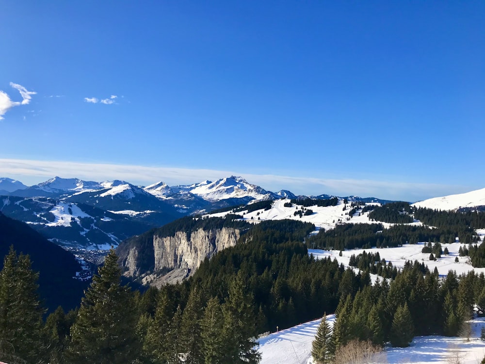 a view of a mountain range with trees and mountains in the background