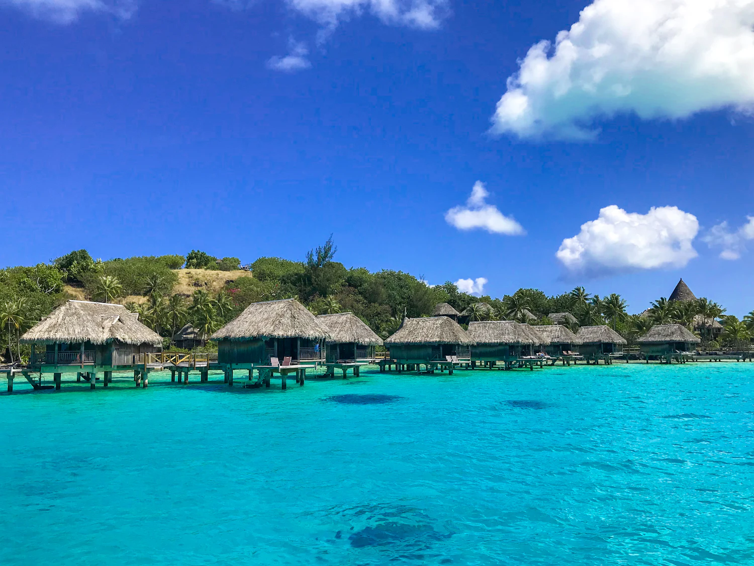Bungalows sur pilotis au-dessus d'un lagon en Polynésie française