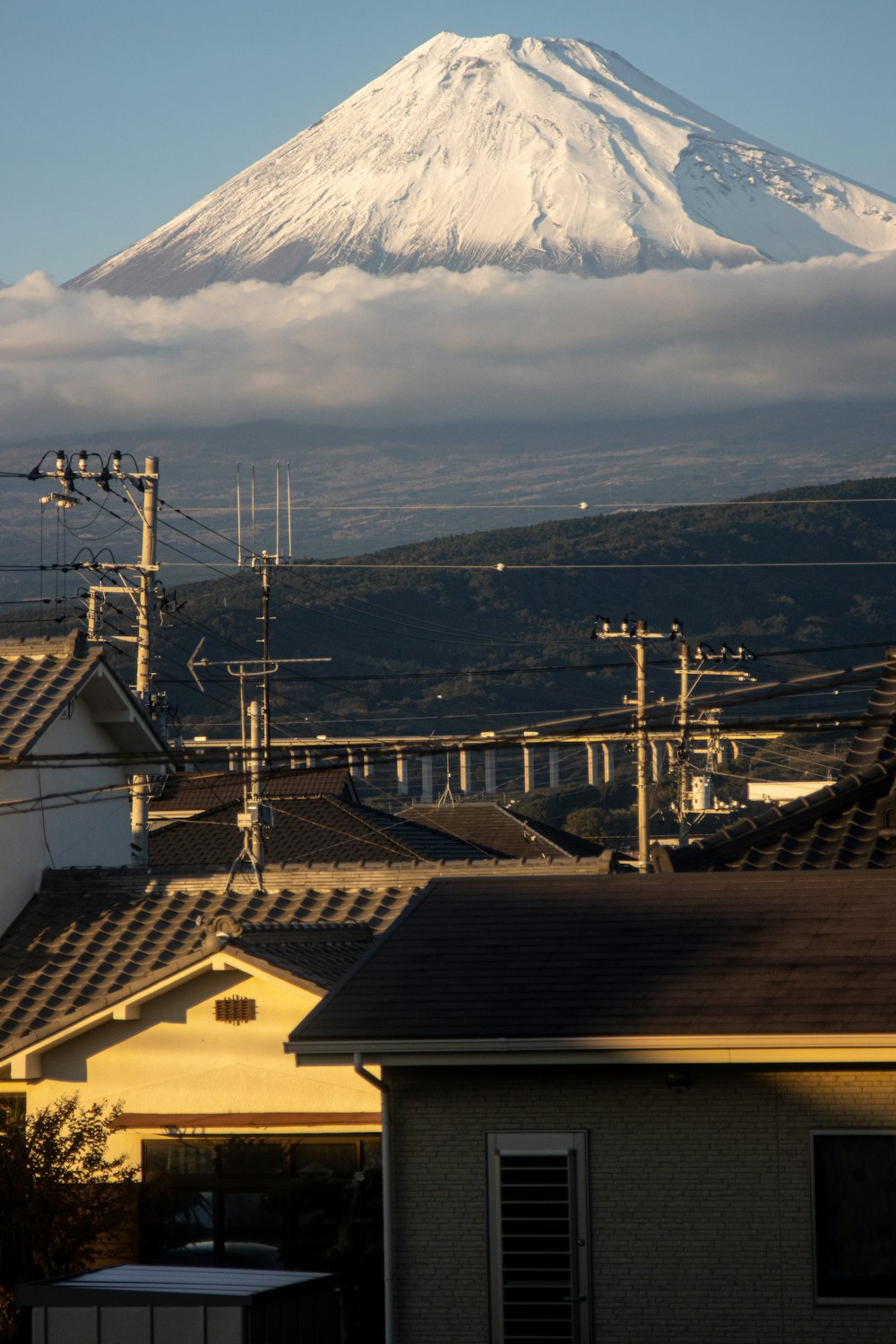 a view of a snow covered mountain in the distance