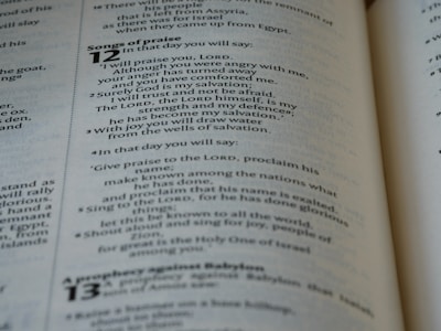 A close-up of a page from a book displaying text related to 'Songs of Praise' in chapter 12. The text is clearly printed and arranged in paragraphs, with numbers indicating verses or sections. The page appears to have a slightly yellowed hue, suggesting age or use. The text is in English and the font appears classic and serifed.