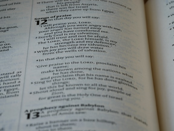 A close-up of a page from a book displaying text related to 'Songs of Praise' in chapter 12. The text is clearly printed and arranged in paragraphs, with numbers indicating verses or sections. The page appears to have a slightly yellowed hue, suggesting age or use. The text is in English and the font appears classic and serifed.