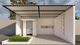 A modern carport with a geometric patterned gate and a flat roof, adjacent to a small garden area containing lush green plants. The structure includes a decorative wall with intricate cut-outs and a horizontal slit window, set against a beige and white tiled ground with a few visible trees in the background.