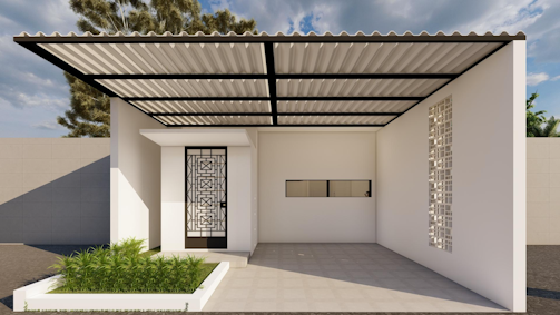 A modern carport with a geometric patterned gate and a flat roof, adjacent to a small garden area containing lush green plants. The structure includes a decorative wall with intricate cut-outs and a horizontal slit window, set against a beige and white tiled ground with a few visible trees in the background.