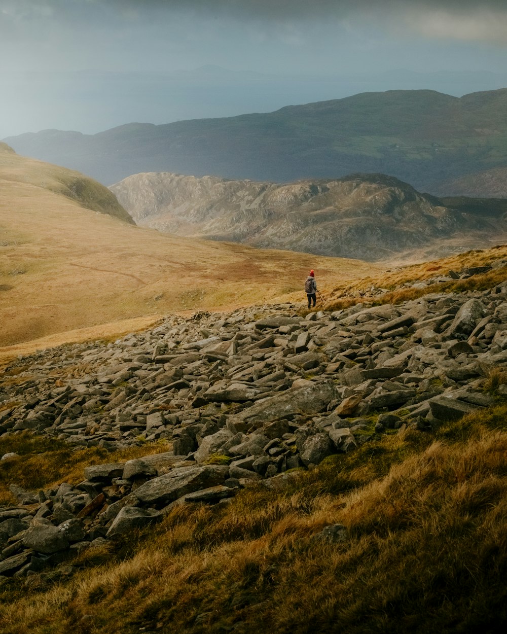 a man standing on top of a rocky hillside