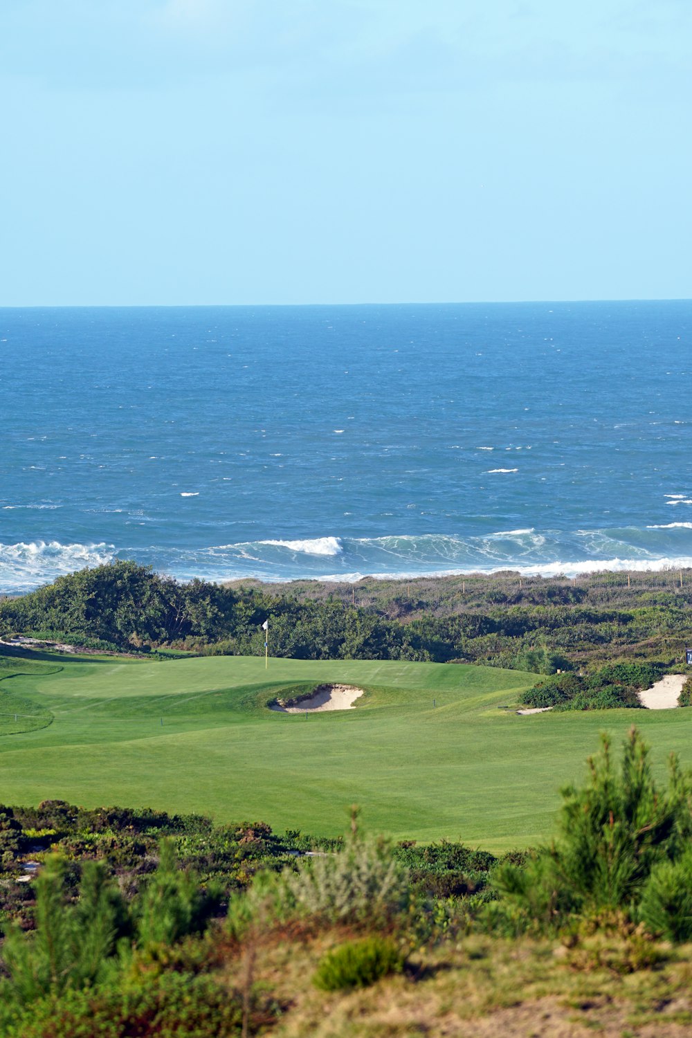 a view of a golf course with the ocean in the background