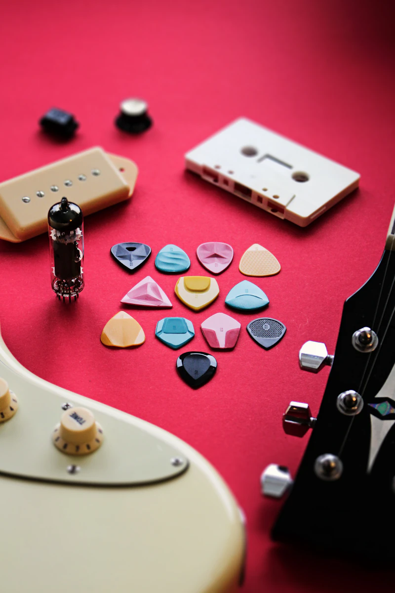 Guitar picks, a guitar and other musical accessories laid out on a surface