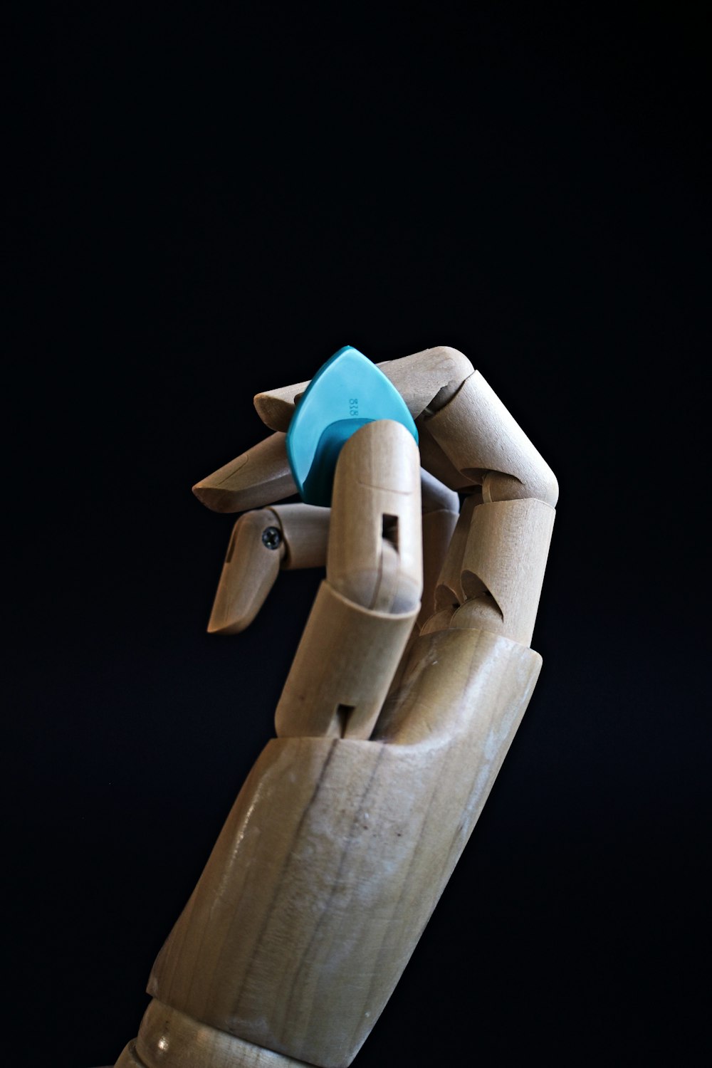 a wooden sculpture of a hand holding a blue object