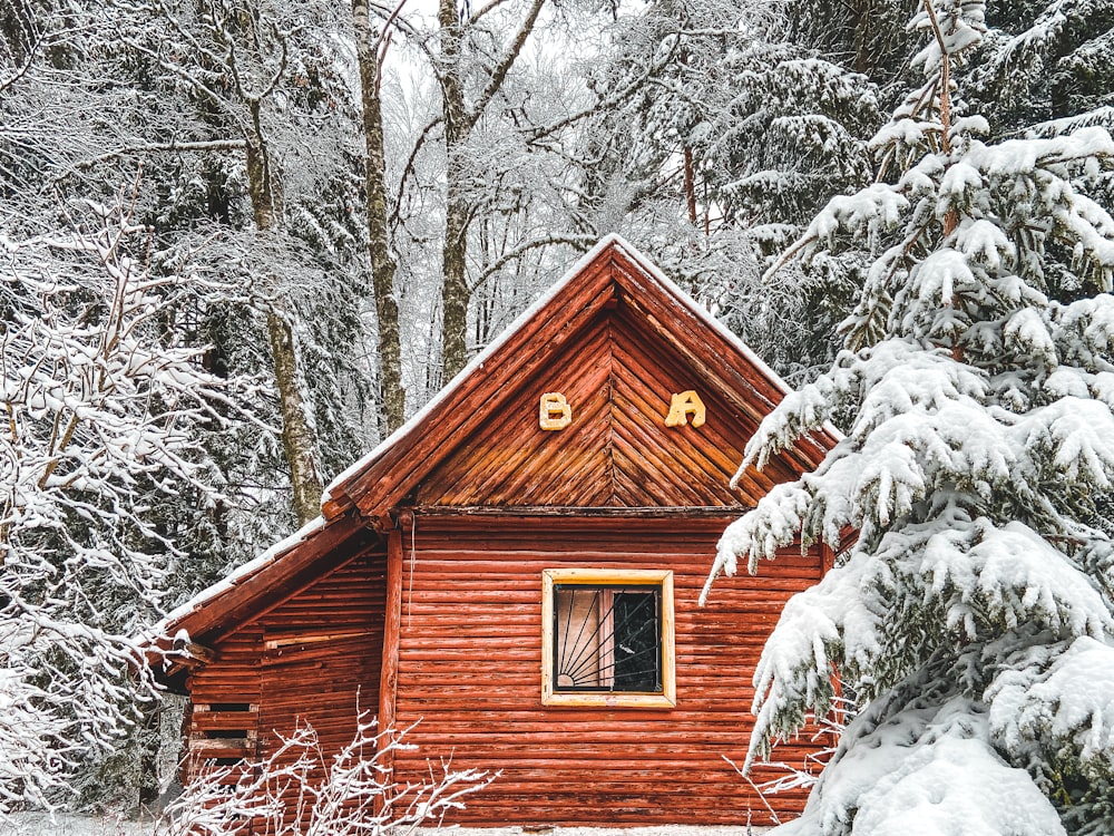 a cabin in the woods with snow on the ground