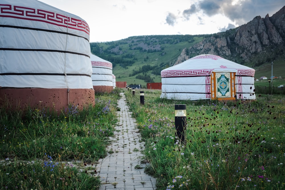 a group of yurts in a field with mountains in the background
