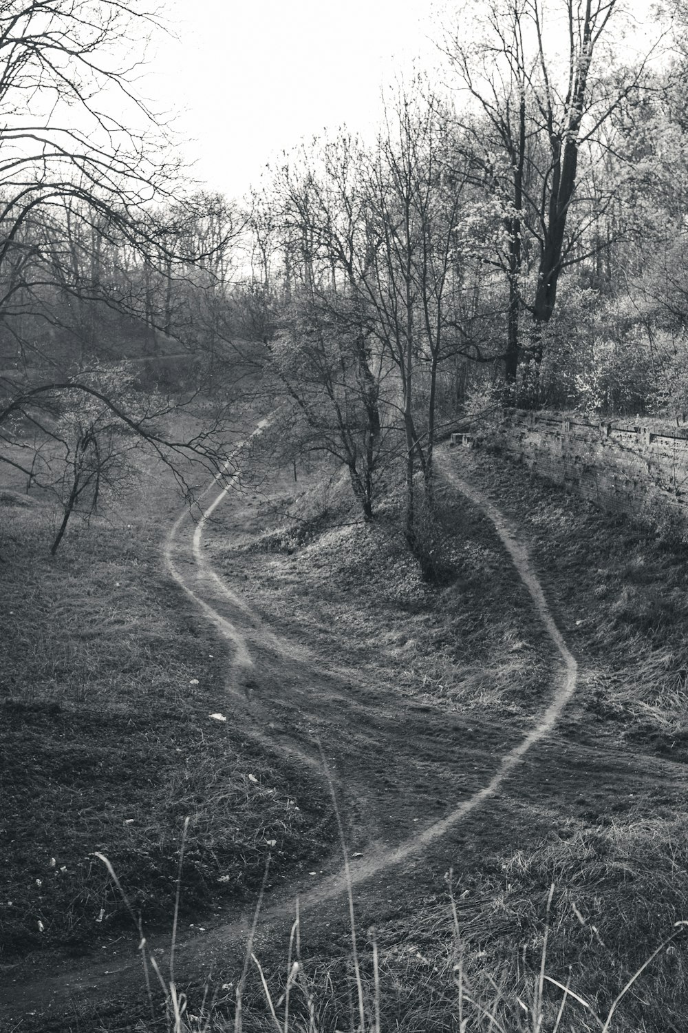 未舗装の道路の白黒写真