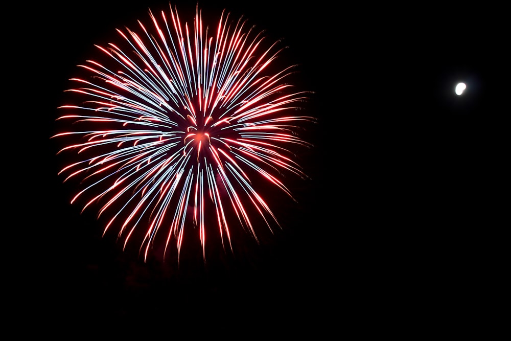 a red and white firework in the night sky