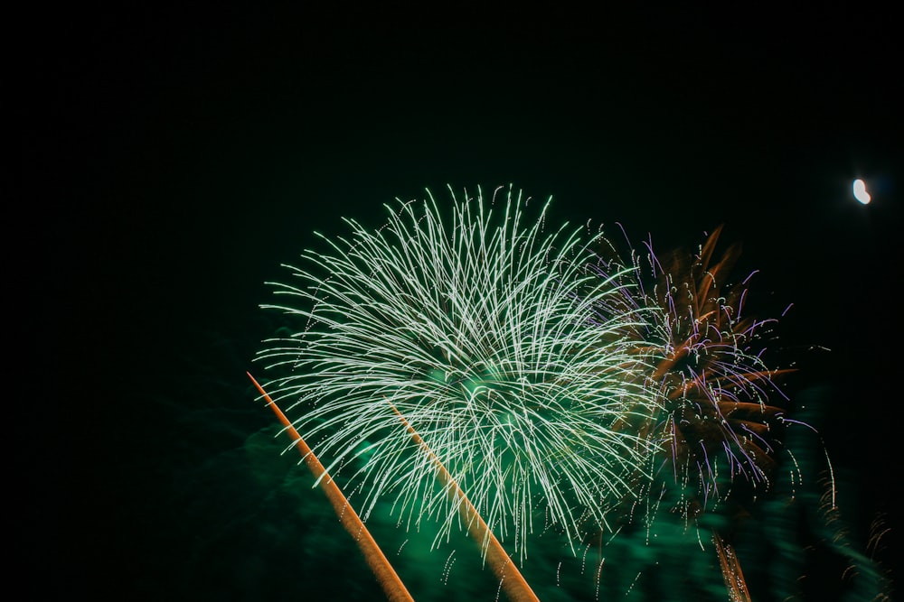 a green and white firework in the night sky