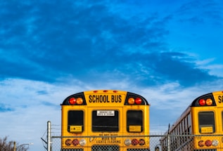 A cheerful school bus parked by a bright blue sky, symbolizing safe student transportation.