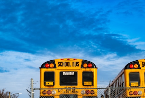 Two yellow school buses are parked behind a chain-link fence under a bright blue sky. The rear views of the buses show prominently marked signs indicating they are school buses, with additional safety notices.
