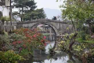 a bridge over a river with people on it