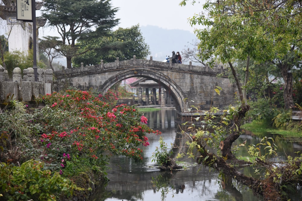 a bridge over a river with people on it